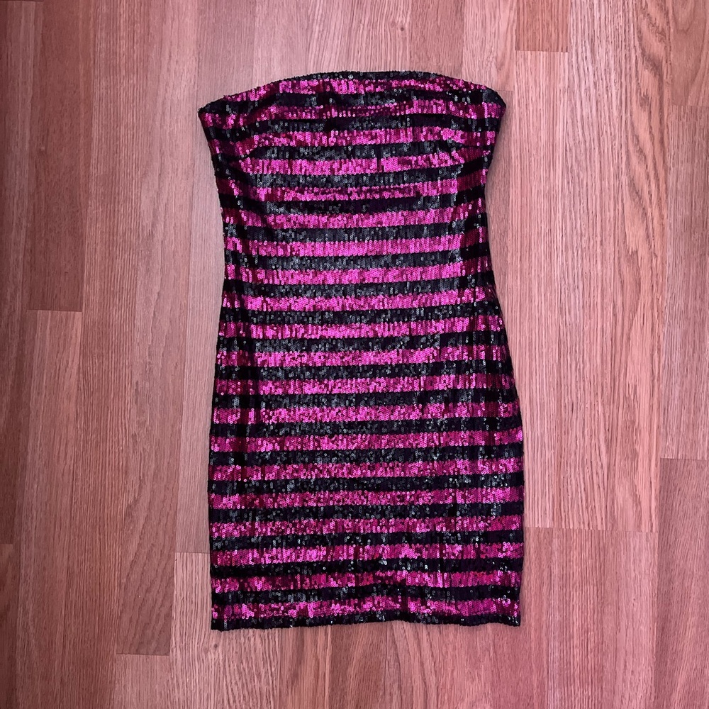 Pink and Black Sequin Strapless Dress